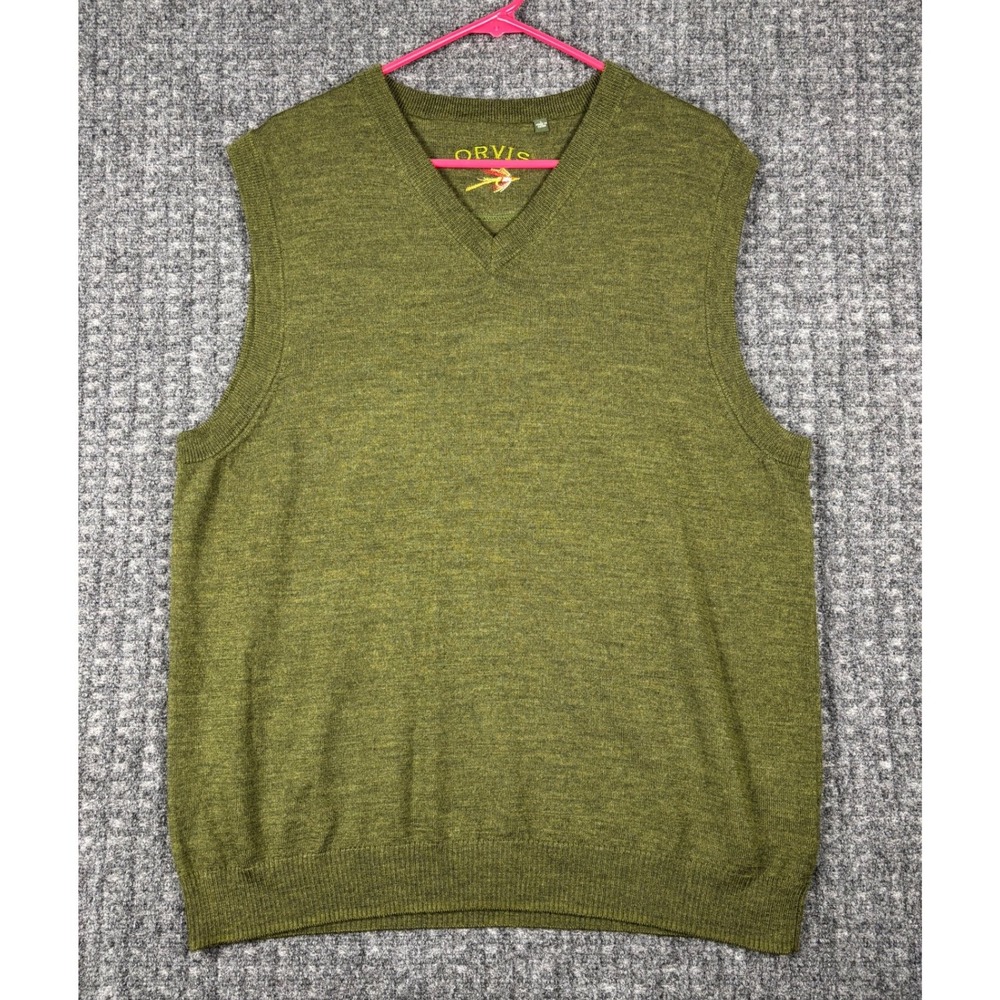 Orvis Merino Wool V-Neck Sweater Vest Large Olive Green Layering Knit